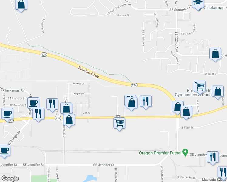map of restaurants, bars, coffee shops, grocery stores, and more near 15635 Southeast 114th Avenue in Clackamas