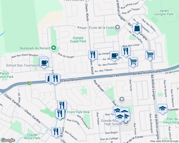 map of restaurants, bars, coffee shops, grocery stores, and more near 96 Rue du Vison in Gatineau