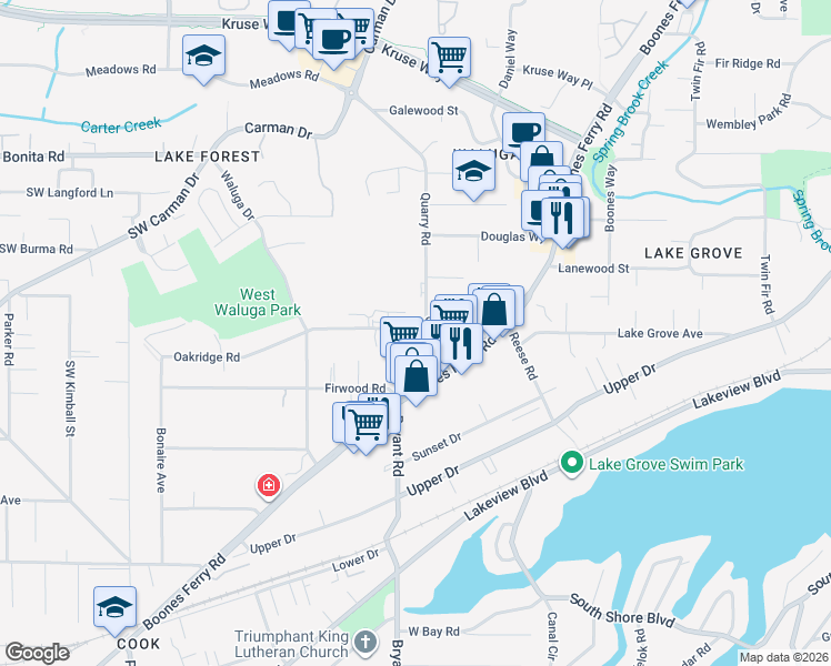 map of restaurants, bars, coffee shops, grocery stores, and more near in Lake Oswego