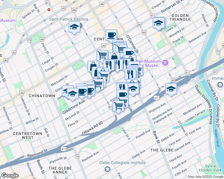map of restaurants, bars, coffee shops, grocery stores, and more near 441 McLeod Street in Ottawa