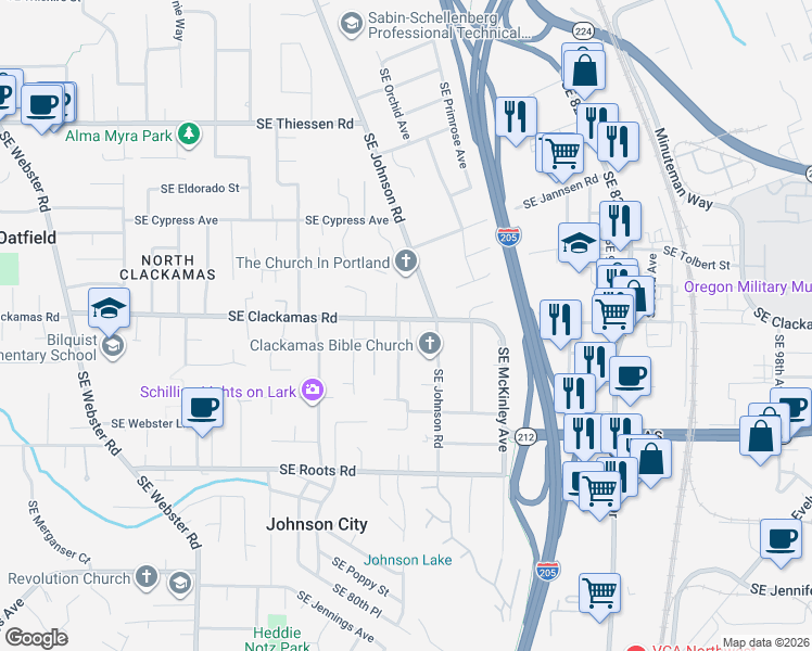 map of restaurants, bars, coffee shops, grocery stores, and more near 8417 Southeast Clackamas Road in Milwaukie