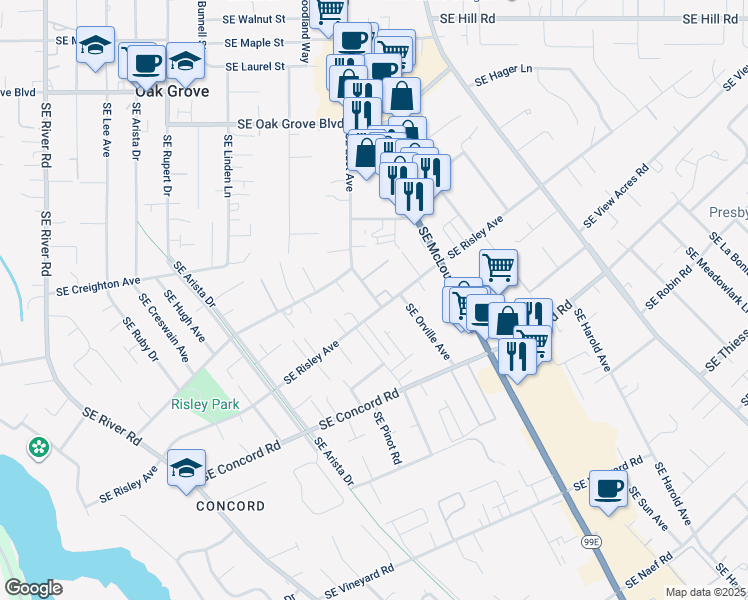 map of restaurants, bars, coffee shops, grocery stores, and more near 15540 Southeast East Avenue in Milwaukie