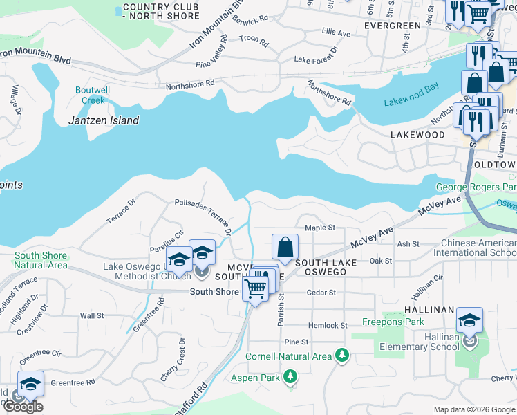 map of restaurants, bars, coffee shops, grocery stores, and more near 1653 Lake Front Road in Lake Oswego