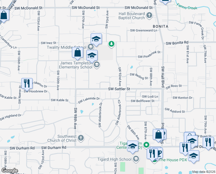 map of restaurants, bars, coffee shops, grocery stores, and more near 15080 Southwest 93rd Avenue in Tigard