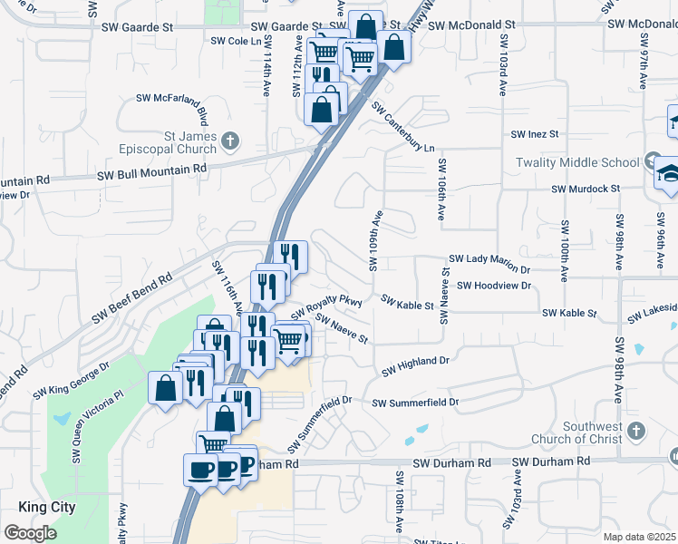 map of restaurants, bars, coffee shops, grocery stores, and more near 14861 Southwest Royalty Parkway in Tigard