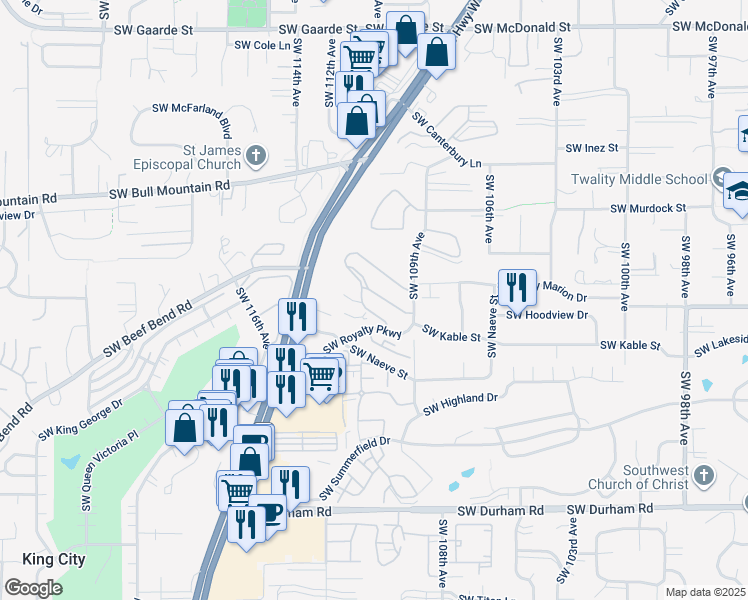 map of restaurants, bars, coffee shops, grocery stores, and more near 14325 Southwest Pacific Highway in Tigard