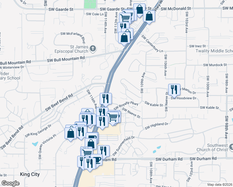 map of restaurants, bars, coffee shops, grocery stores, and more near 14994-15224 SW Pacific Hwy in Tigard