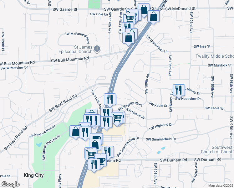 map of restaurants, bars, coffee shops, grocery stores, and more near 14994-15224 SW Pacific Hwy in Tigard
