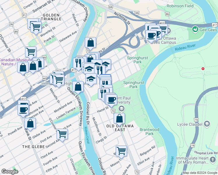 map of restaurants, bars, coffee shops, grocery stores, and more near 67 Springhurst Avenue in Ottawa