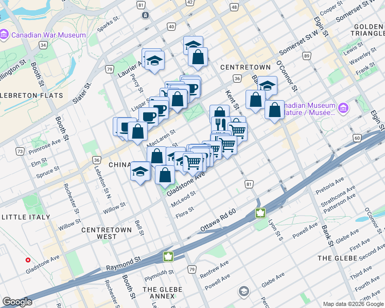 map of restaurants, bars, coffee shops, grocery stores, and more near in Ottawa