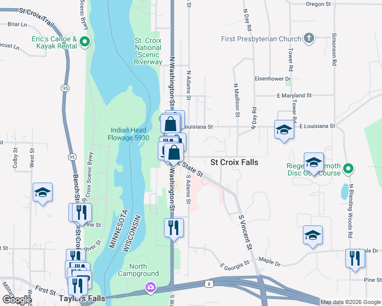 map of restaurants, bars, coffee shops, grocery stores, and more near 210 East Kentucky Street in Saint Croix Falls