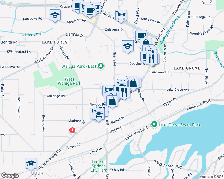 map of restaurants, bars, coffee shops, grocery stores, and more near 15901 Quarry Road in Lake Oswego