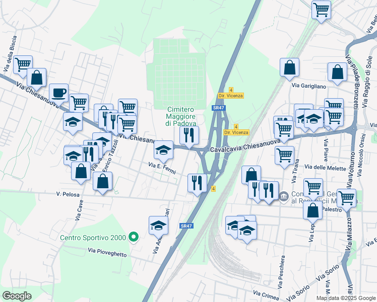 map of restaurants, bars, coffee shops, grocery stores, and more near 2 Via del Cimitero in Padova