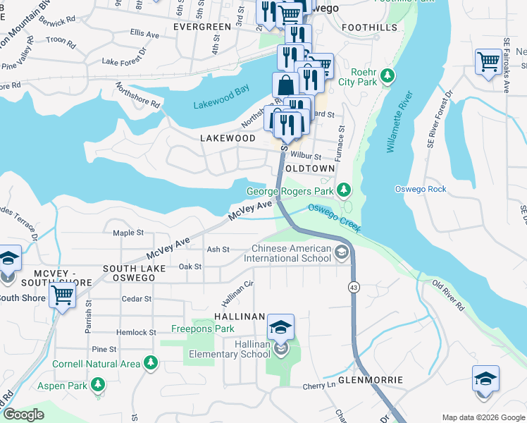 map of restaurants, bars, coffee shops, grocery stores, and more near 667 McVey Avenue in Lake Oswego