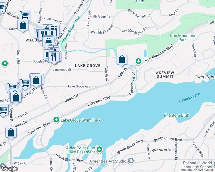 map of restaurants, bars, coffee shops, grocery stores, and more near 15821 Twin Fir Road in Lake Oswego