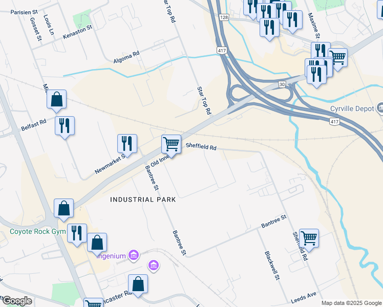 map of restaurants, bars, coffee shops, grocery stores, and more near 1280 Old Innes Road in Ottawa