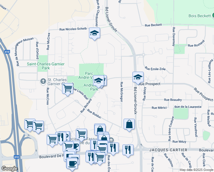 map of restaurants, bars, coffee shops, grocery stores, and more near 3200 Rue Richard in Sherbrooke