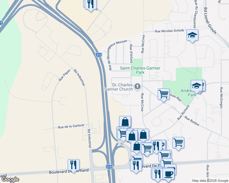 map of restaurants, bars, coffee shops, grocery stores, and more near 3823 Emile-Chartier in Sherbrooke