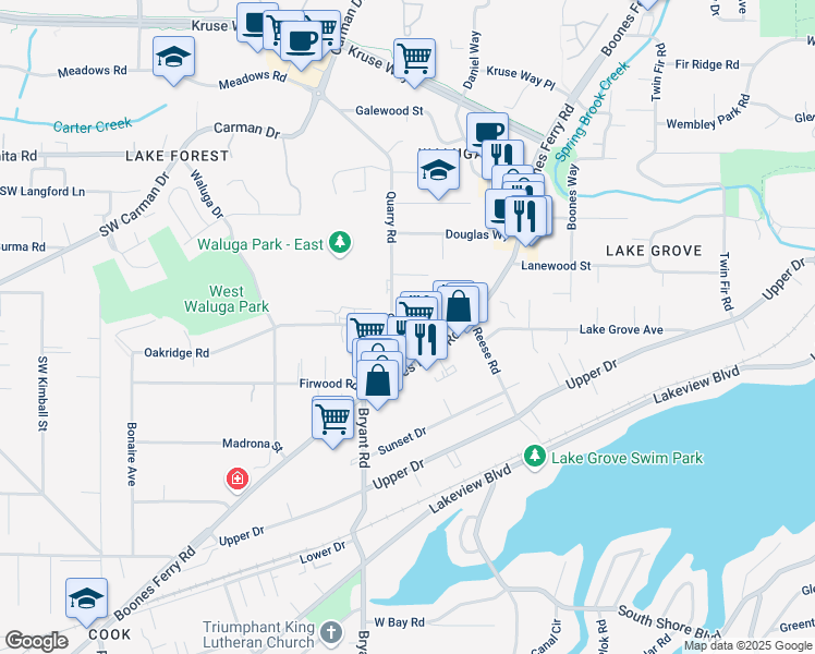 map of restaurants, bars, coffee shops, grocery stores, and more near 4309 Oakridge Road in Lake Oswego