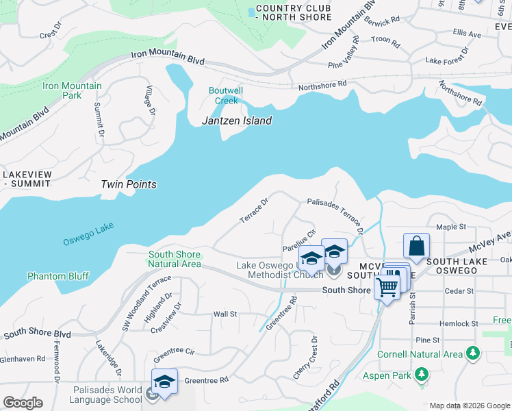 map of restaurants, bars, coffee shops, grocery stores, and more near 843 Terrace Dr in Lake Oswego