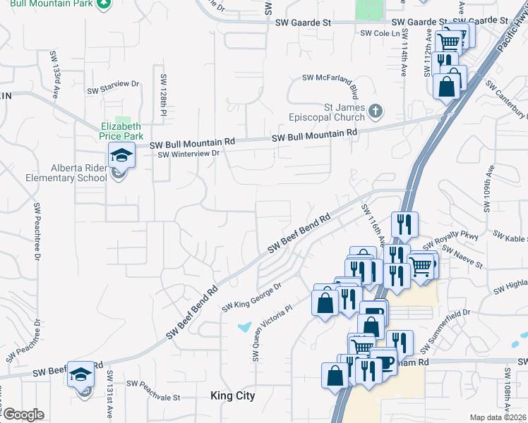 map of restaurants, bars, coffee shops, grocery stores, and more near 12157 Southwest Turnagain Drive in Tigard