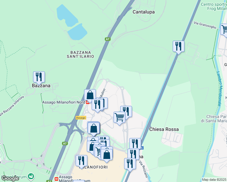 map of restaurants, bars, coffee shops, grocery stores, and more near 6 Via del Mulino in Assago