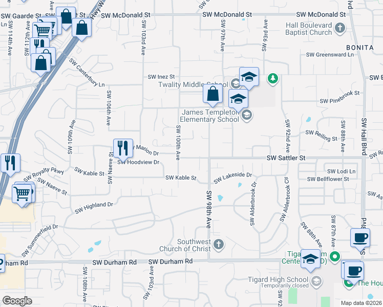 map of restaurants, bars, coffee shops, grocery stores, and more near 9885 Southwest Sattler Street in Tigard