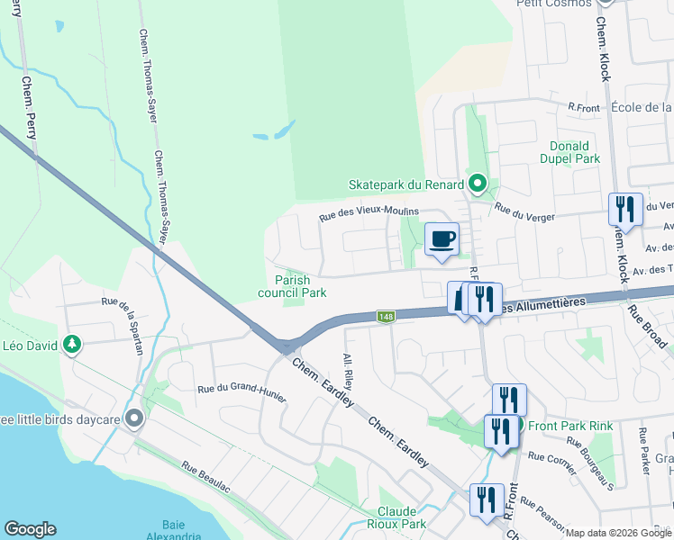 map of restaurants, bars, coffee shops, grocery stores, and more near 145 Rue de la Fabrique in Gatineau