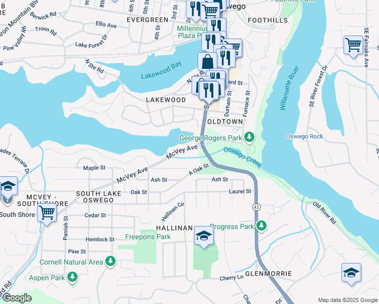 map of restaurants, bars, coffee shops, grocery stores, and more near 667 McVey Avenue in Lake Oswego