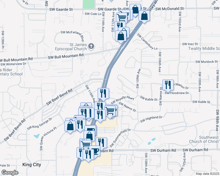 map of restaurants, bars, coffee shops, grocery stores, and more near 14994-15224 SW Pacific Hwy in Tigard