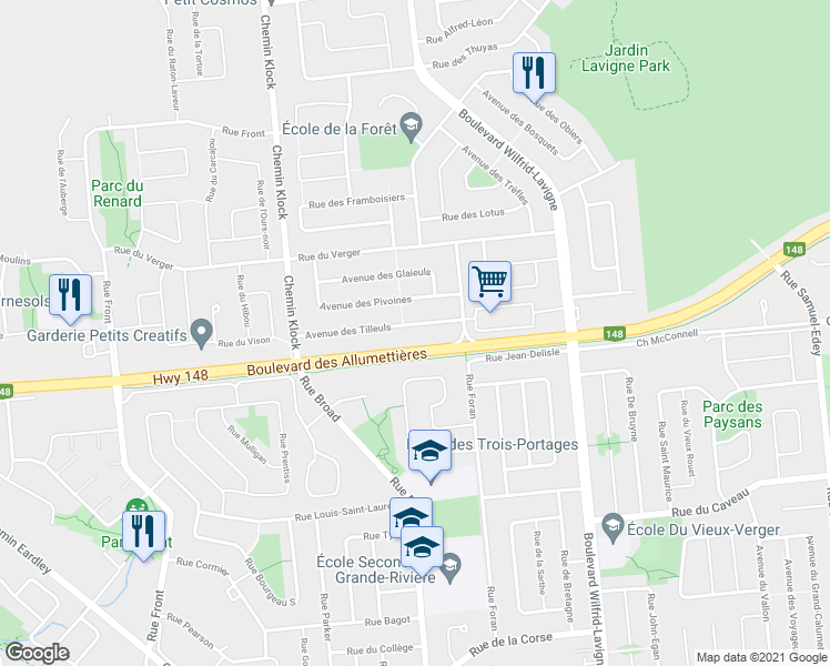 map of restaurants, bars, coffee shops, grocery stores, and more near 624 Avenue des Tilleuls in Gatineau