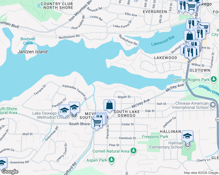 map of restaurants, bars, coffee shops, grocery stores, and more near 1527 Lake Front Road in Lake Oswego