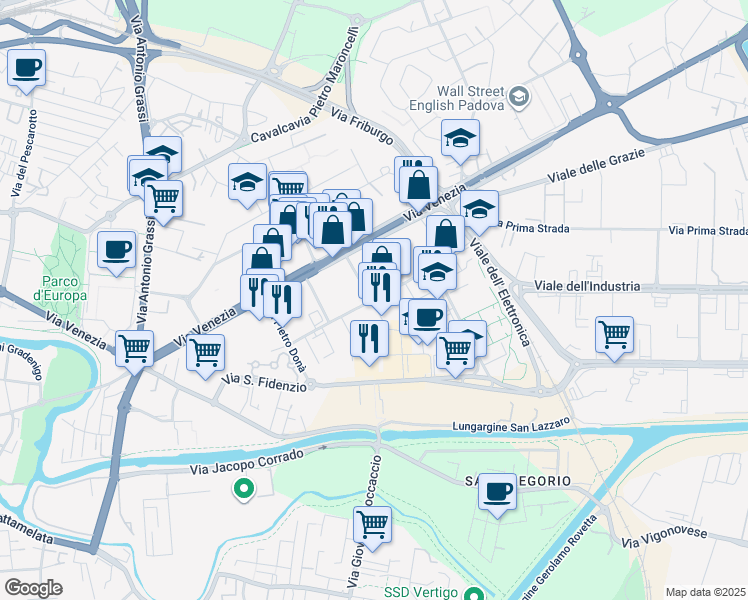 map of restaurants, bars, coffee shops, grocery stores, and more near 54 Via della Croce Rossa in Padova