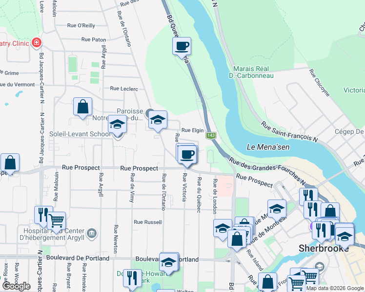 map of restaurants, bars, coffee shops, grocery stores, and more near 760 Rue Elm in Sherbrooke