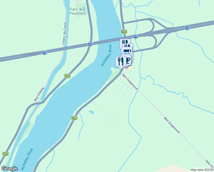 map of restaurants, bars, coffee shops, grocery stores, and more near Chemin des Patriotes in Richelieu