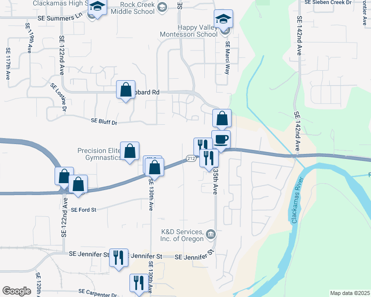 map of restaurants, bars, coffee shops, grocery stores, and more near 13171 Southeast Highway 212 in Clackamas