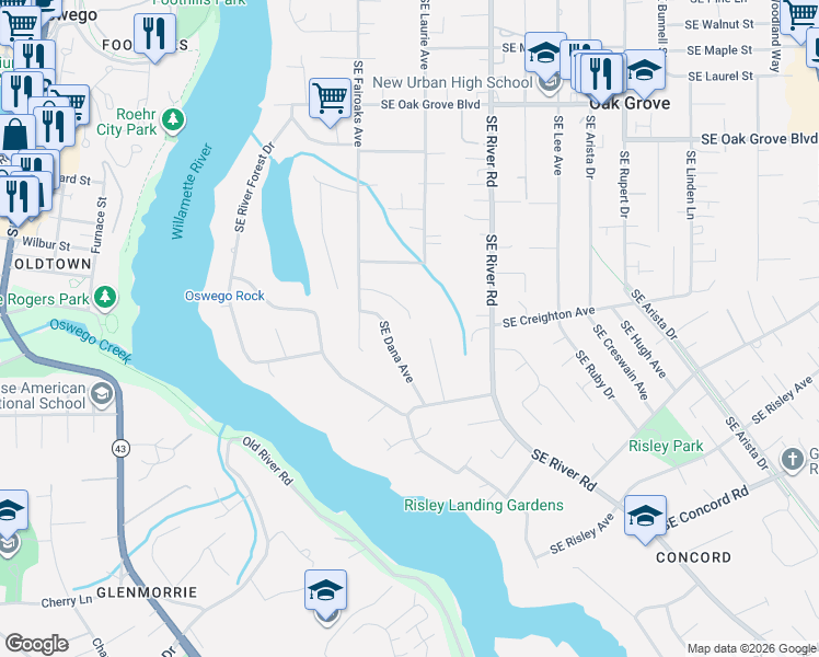 map of restaurants, bars, coffee shops, grocery stores, and more near 1440 Southeast Eastwood Court in Milwaukie