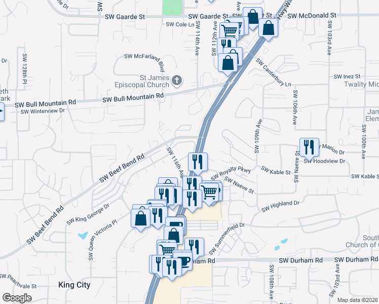 map of restaurants, bars, coffee shops, grocery stores, and more near 11470 Southwest Crown Drive in King City