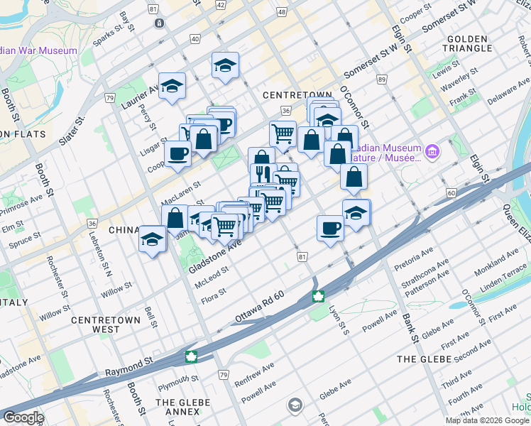 map of restaurants, bars, coffee shops, grocery stores, and more near 163 Florence Street in Ottawa