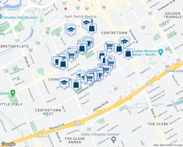 map of restaurants, bars, coffee shops, grocery stores, and more near in Ottawa