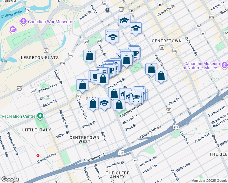 map of restaurants, bars, coffee shops, grocery stores, and more near in Ottawa