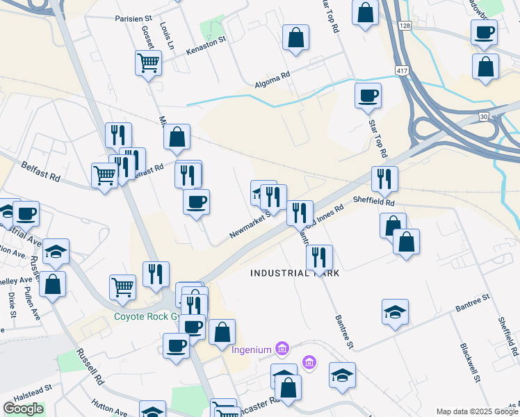 map of restaurants, bars, coffee shops, grocery stores, and more near 1611 Liverpool Court in Ottawa