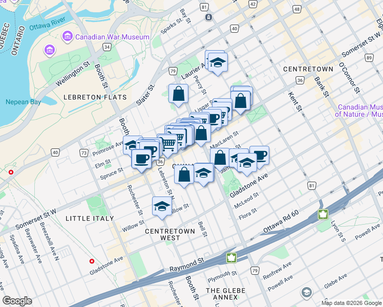 map of restaurants, bars, coffee shops, grocery stores, and more near 162 Cambridge Street North in Ottawa