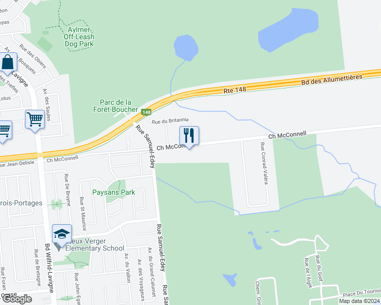 map of restaurants, bars, coffee shops, grocery stores, and more near 400 Chemin McConnell in Gatineau