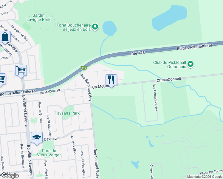 map of restaurants, bars, coffee shops, grocery stores, and more near 400 Chemin McConnell in Gatineau