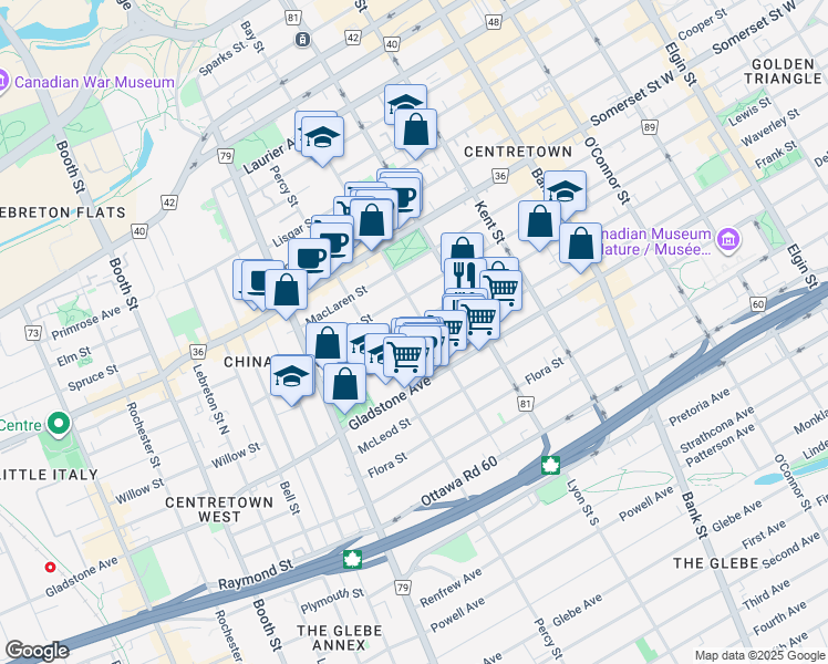map of restaurants, bars, coffee shops, grocery stores, and more near in Ottawa