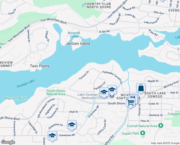 map of restaurants, bars, coffee shops, grocery stores, and more near 750 Terrace Dr in Lake Oswego
