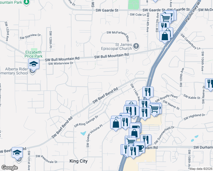 map of restaurants, bars, coffee shops, grocery stores, and more near 15157 Southwest 119th Avenue in Portland
