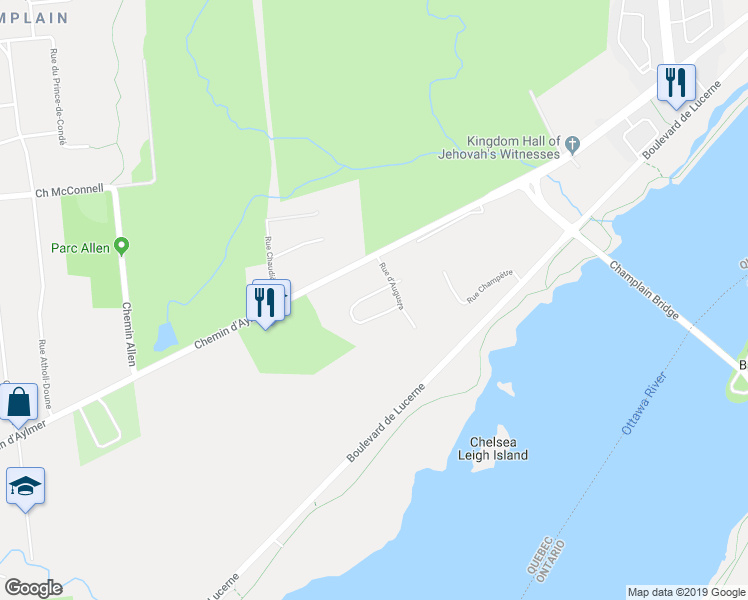 map of restaurants, bars, coffee shops, grocery stores, and more near 102 Rue du Colonial in Gatineau