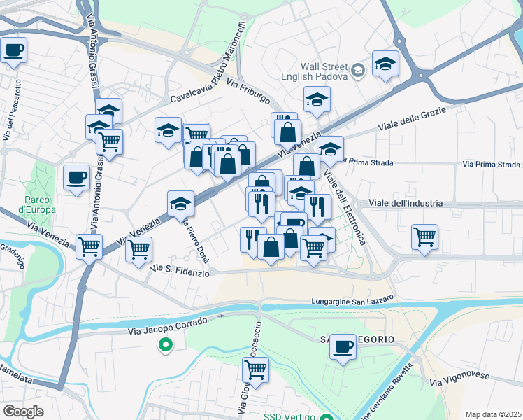 map of restaurants, bars, coffee shops, grocery stores, and more near 54 Via della Croce Rossa in Padova